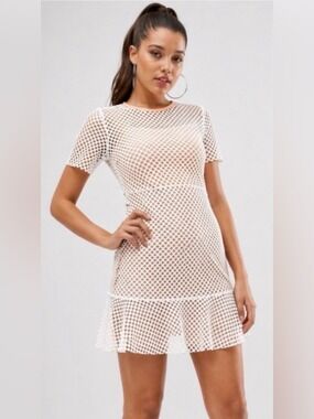 ASOS womens Sz 8 White Mesh Dress Peach Slip Fairy Overlay Trumpet Hem Net